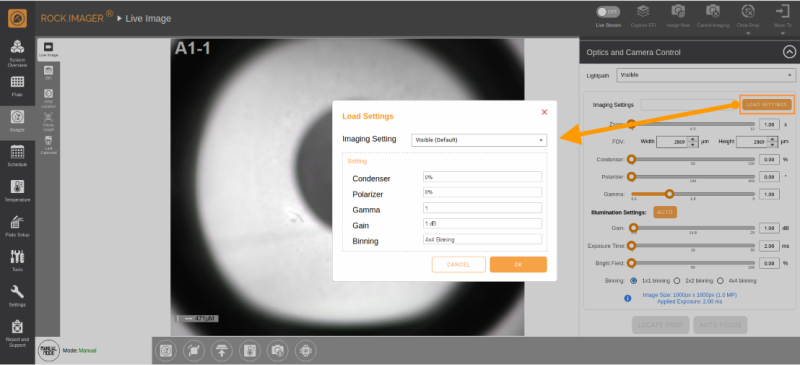 Load Settings Option in the Optics and Camera Control Panel